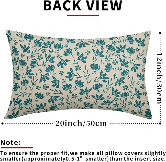 Teal Floral Pillow Covers 12x20 Set of 2 Vintage Rustic Old Style Cute Small Flower Blue Green Cream Print Decorative Outdoor Pillowcases Farmhouse Throw Cushion Case Decor for Couch Sofa Bed