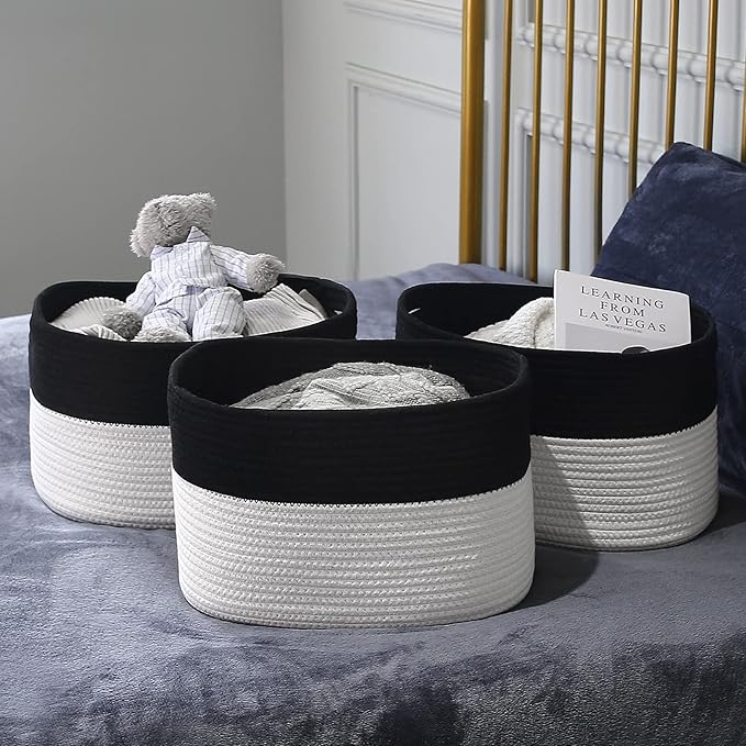 Cotton Rope Storage Basket, 15x10x9 Inches, Woven Basket for Shelves, Clothes, Towels, Books, and Laundry, Black/White (1 Pack)