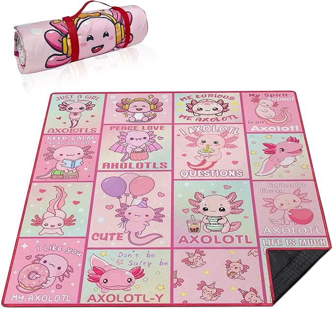 Extra Large Picnic Blankets Waterproof Foldable (80"x 80") Axolotl Beach Blanket Waterproof Sandproof,3-Layer Thicking Mat Outdoor Packable Camping Blanket