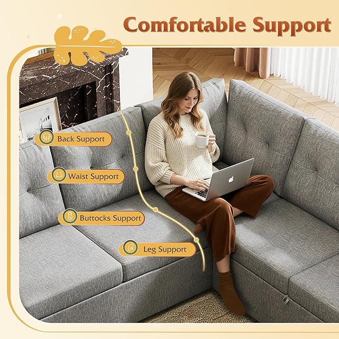 WLIVE 110'' Sectional Couches for Living Room, Pull Out Couch, U Shape 7 Seat Sleeper Sofa with Storage Chaise and Pillows, Removable Sofa Cover, Cups Holders, USB Charging Station, Grey