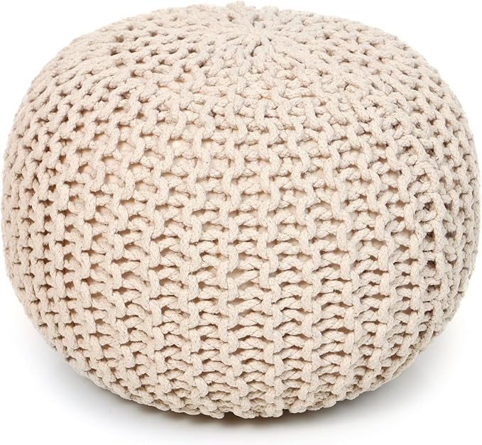 REDEARTH · Round Pouf Ottoman - Hand Knitted Cable Boho Poof Home Décor Pouffe Circular Footrest for Living Room - Nursery - Bedroom - Lounge 100% Cotton (18”x18”x14”) - Ivory, Set of 2