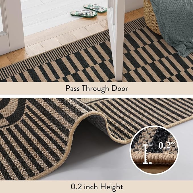 Beevia Striped 5x7 Black Jute Rug, Washable Outdoor Indoor Carpet for Living Room Dining Room, Farmhouse Modern Non-Slip Non-Shedding Rug for Patio Deck Porch Decor (Black, 5x7ft)