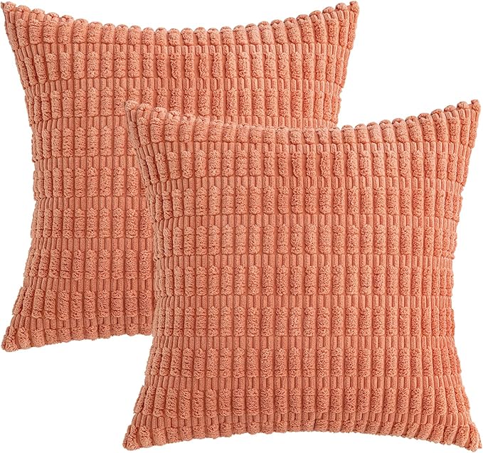 MIULEE Pack of 2 Corduroy Decorative Euro Sham Throw Pillow Covers 24x24 Inch Soft Boho Striped Pillow Covers Modern Farmhouse Home Decor for Summer Sofa Living Room Couch Bed Coral