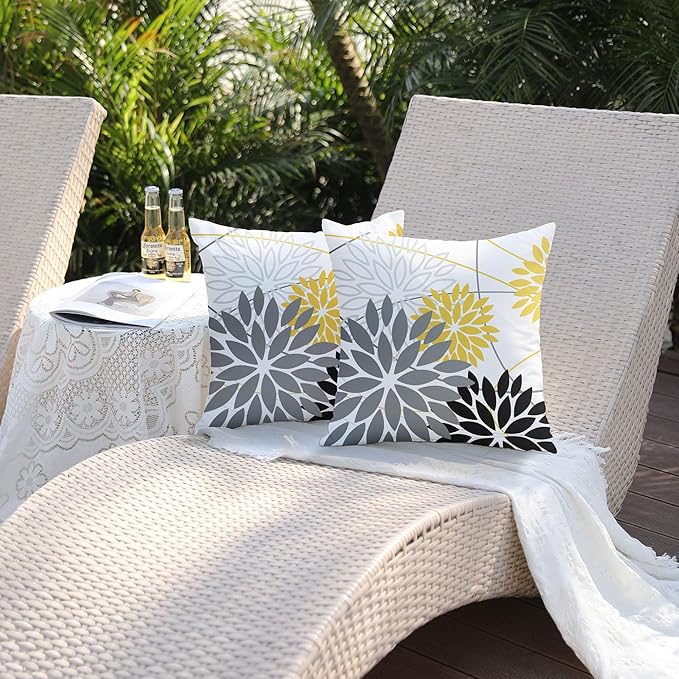 Grey and Yellow black Floral Pillow Covers 20x20 Set of 2 Outdoor Waterproof Decorative Throw Pillows Summer Pillow covers Polyester Cushion Case Decor for Couch Patio Funiture Garden Porch 011C20