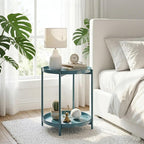TeoKJ 2 Tier Round Side Table, Folding Round Metal End Table Small Nightstand with Two Removable Tray for Bedroom Living Room Bedside Small Spaces Blue Gray