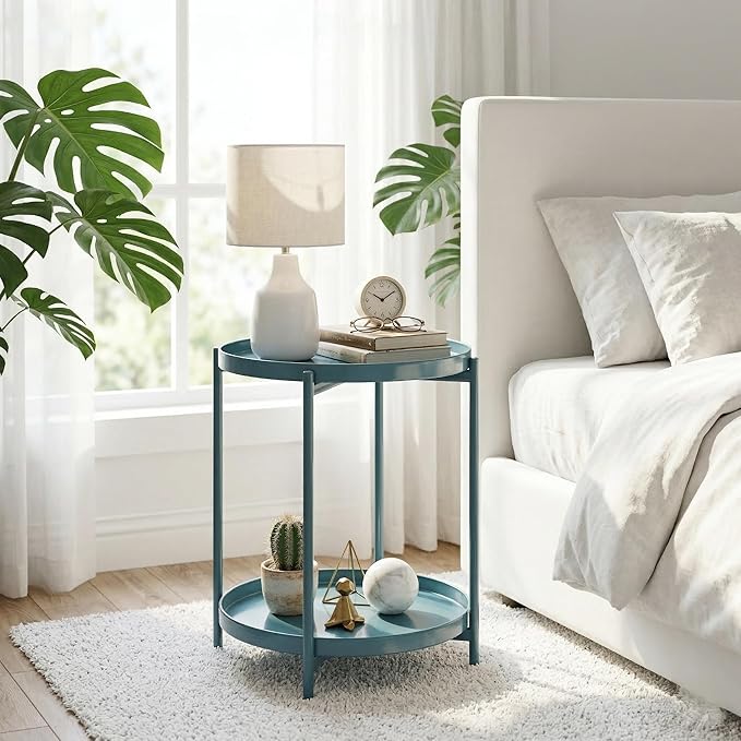 TeoKJ 2 Tier Round Side Table, Folding Round Metal End Table Small Nightstand with Two Removable Tray for Bedroom Living Room Bedside Small Spaces Blue Gray