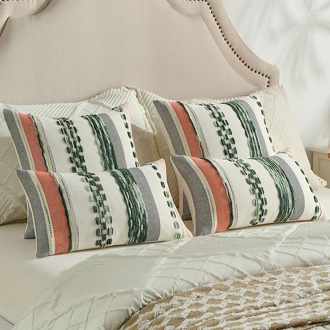 FUTEI Green Decorative Throw Pillow Covers 20x20 Inch Set of 2, Soft Tufted Striped Textured Accent Cushion Case,Boho Pillows for Couch Decor