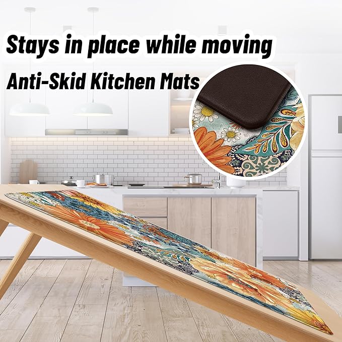 Boho Floral Kitchen Mats for Floor 2PCS Anti Fatigue Mats for Kitchen Floor Cushioned Non Slip Waterproof Memory Foam PVC Kitchen Rugs Set for Sink,Office,Laundry 17.3"x28"+17.3"x47"