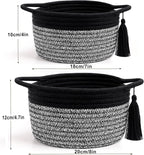 Small Round Gift Baskets with Handles Set 2, SweetMemo Little Empty Gifts Basketsl, Cute Woven Cotton Rope Storage Bins for Men, Desk, Plant, Bathroom, Decorative, Pre-Shaped, Two Pack - Black Gray