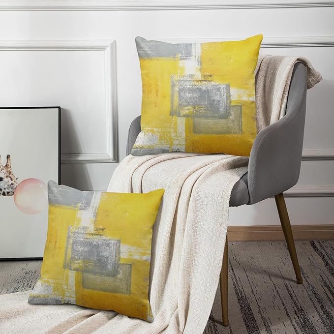 Britimes Throw Pillow Covers Modern Home Art Decor, 16 x 16 Inches Set of 2 Pillow Cases Decorative, Abstract Oil Painting Pillowcases for Bedroom, Living Room, Cushion Couch Sofa, Yellow Grey