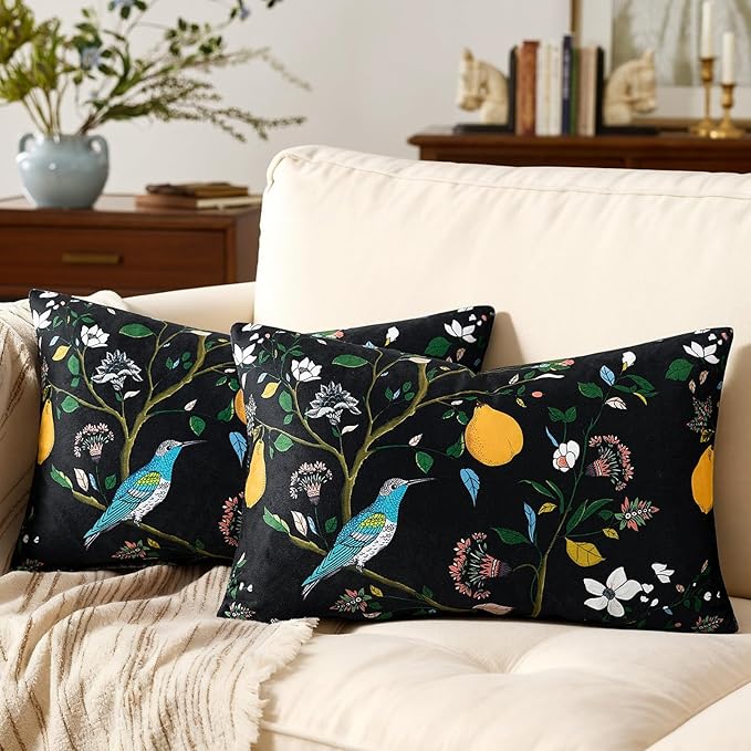 MUSSEL Black Floral Pillow Covers 12x20 Set of 2, Velvet Wild Flower Plant Throw Pillows Case, Square Farmhouse Decor Cushion Covers for Home Sofa Bed Couch