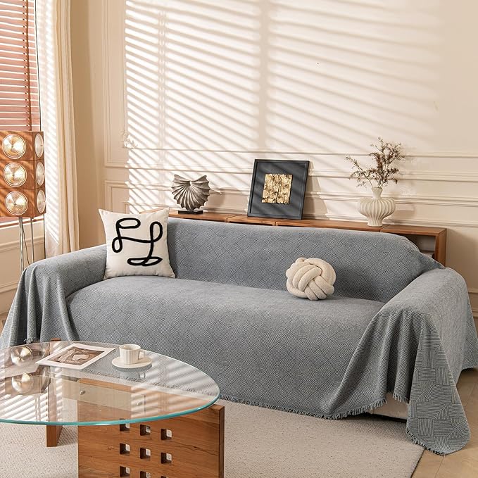 ROOMLIFE Light Gray Waterproof Sofa Cover, Couch Cover for 3 Cushion Sofa, Non Slip Chenille Sofa Slipcovers for Dog, Washable Furniture Sofa Protector Cover with Tassel for Living Room, 71''X150”