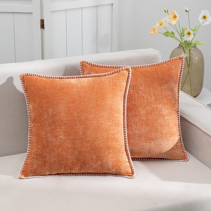 Decorative Throw Pillow Covers Pack of 2, 18x18 in Chenille Soft Pillow Covers with Stitched Edge, Farmhouse Neutral Euro Decorative Pillows for Bed Couch Sofa Home Decor, Orange