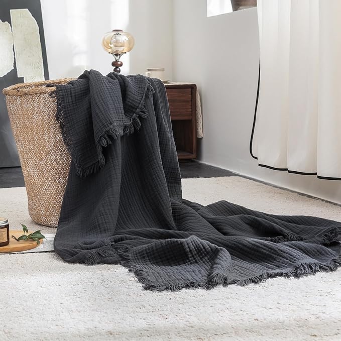 FOSSA Muslin Blanket with Fringe - 4-Layer 100% Cotton Gauze Super Soft & Breathable Throw -Lightweight Decorative Cooling Blanket for Bed, Sofa, Office (Dark Gray, Throw (60" × 50"))