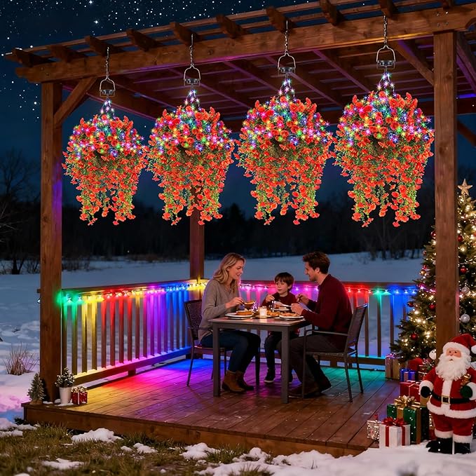 Outdoor Hanging Artificial Flowers Basket: Realistic Fake Plants Basket with Solar String Lights for Home Garden Enthusiasts - 10 Inch Faux Silk Flower Baskets for Porch Wall Patio Tree Decor