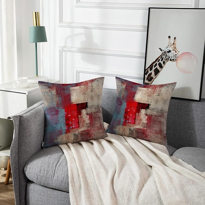 Emvency Set of 2 Red Brown and Gray Throw Pillow Covers Modern Abstract Painting Decorative Pillow Cases Home Decor Standard Square 20x20 Inches Pillowcases