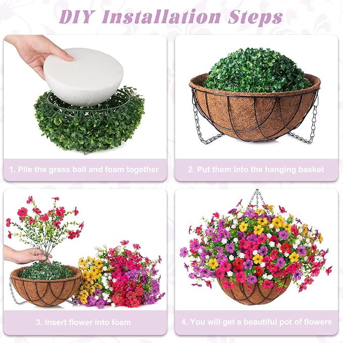 Artificial Silk Flowers Hanging Baskets Outdoors Indoors, Daisy with Eucalyptus Leaves Arrangement for Garden Yard Spring Summer Decor Faux Green Plant Metal Coconut Lining