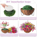 Artificial Silk Flowers Hanging Baskets Outdoors Indoors, Daisy with Eucalyptus Leaves Arrangement for Garden Yard Spring Summer Decor Faux Green Plant Metal Coconut Lining