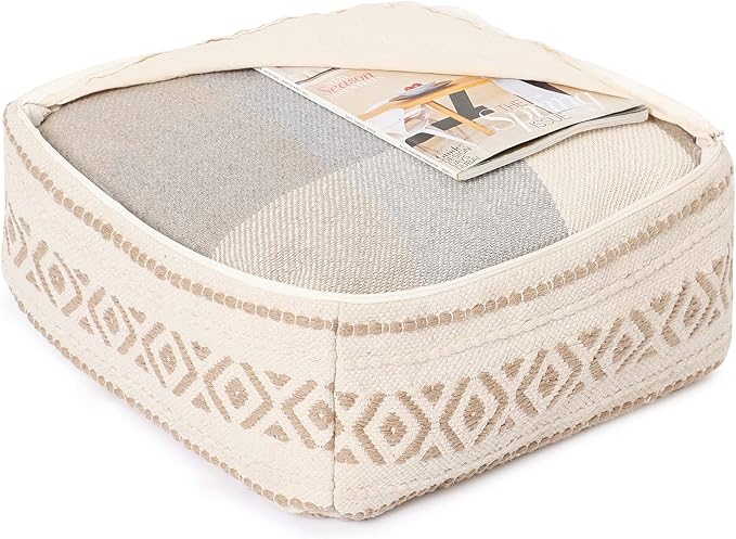 REDEARTH · UNSTUFFED Pouf Ottoman Cover Textured Storage Cube Bean Bag Poof Pouffe Footrest for Living Room, Bedroom, Nursery, Patio, Gym; 100% Cotton (20"X20"X8"; Taupe Natural)