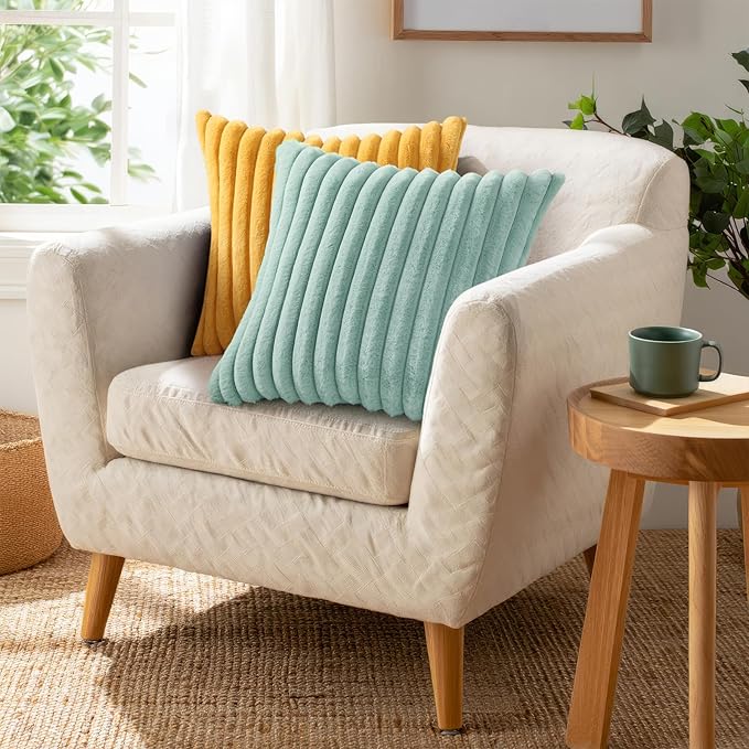Pallene Faux Fur Plush Throw Pillow Covers 20x20 Set of 2, Luxury Soft Fluffy Striped Decorative Pillow Covers for Sofa, Couch, Living Room, Aqua