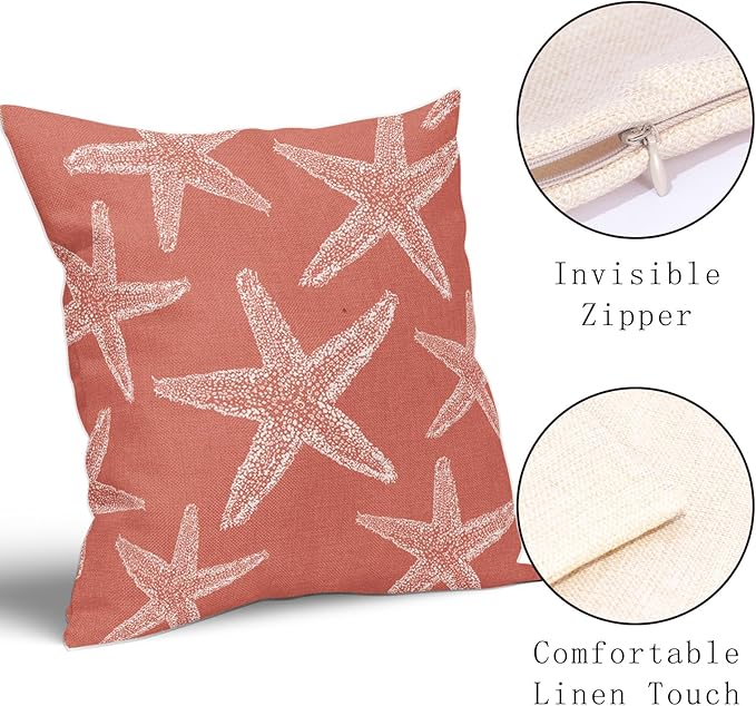 Kawani Beach Coral Starfish Pillow Covers 20X20 Inch Summer Nautical Coastal Ocean Decorative Pillow Cases Set of 2 Cotton Linen Throw Pillows Seasonal Home Decor for Sofa Couch Cushion Outdoor