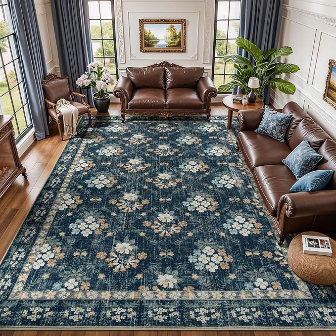 Lessymo Large Area Rugs 9x12 for Living Room, Soft Washable Rug for Bedroom Dining Room Nursery Room Farmhouse, Boho Non Slip Low Plie Carpet Vintage Floral Design, Navy/Beige