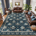 Lessymo Large Area Rugs 9x12 for Living Room, Soft Washable Rug for Bedroom Dining Room Nursery Room Farmhouse, Boho Non Slip Low Plie Carpet Vintage Floral Design, Navy/Beige