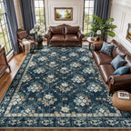 Lessymo Large Area Rugs 9x12 for Living Room, Soft Washable Rug for Bedroom Dining Room Nursery Room Farmhouse, Boho Non Slip Low Plie Carpet Vintage Floral Design, Navy/Beige