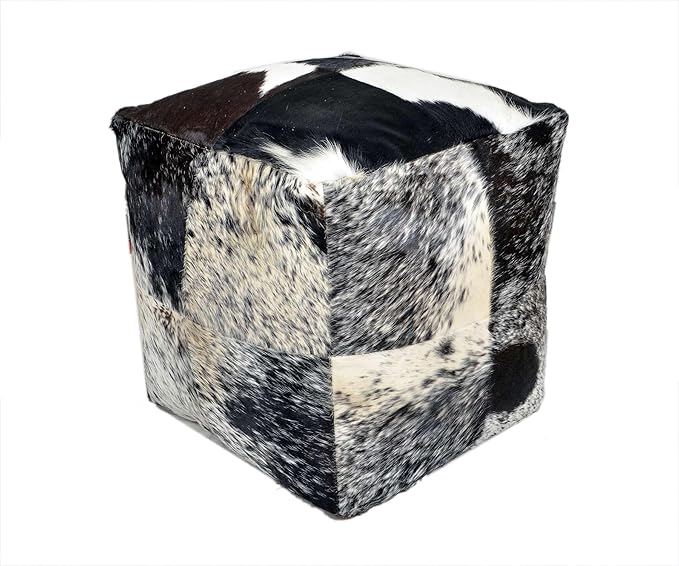 Unstuffed Premium Hair-on Leather Ottoman Pouf Cover, Boho Handmade Genuine Cowhide Square Footstool, Modern Cube Ottoman Footrest for Home Decor Living Room, Bedroom - 18X18 Inch, Black & White