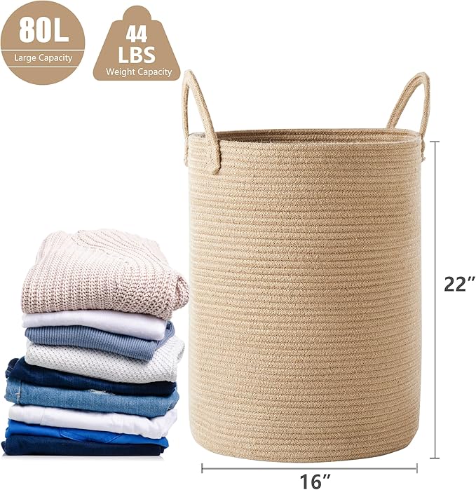 80L Extra Large Jute Woven Hamper Laundry Basket Wicker Rope Clothes Hamper for Baby Nursery Kids Tall Rattan Blanket Basket in Living Room Bedroom 16"D x 22"H