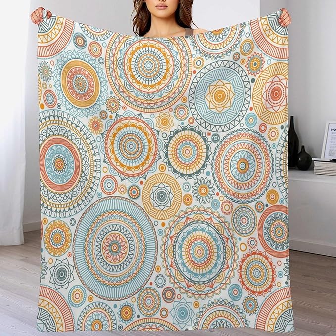 Boho Floral Throw Blanket Abstract Mid Century Mandala Bohemian Blanket for Sofa Bed Couch Chair Or Dorm 60"x80"