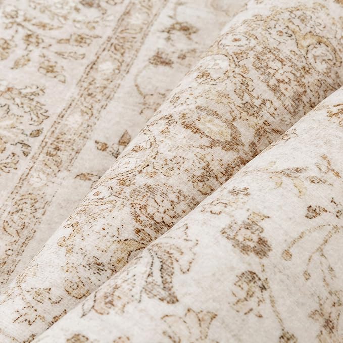 3x5 Beige Area Rug Washable Entryway Vintage Carpet Office Distressed Small Non Slip Low Pile Thin Kitchen Bathroom Medallion Accent Throw Rug Entrance Bedroom Office Living Room Laundry