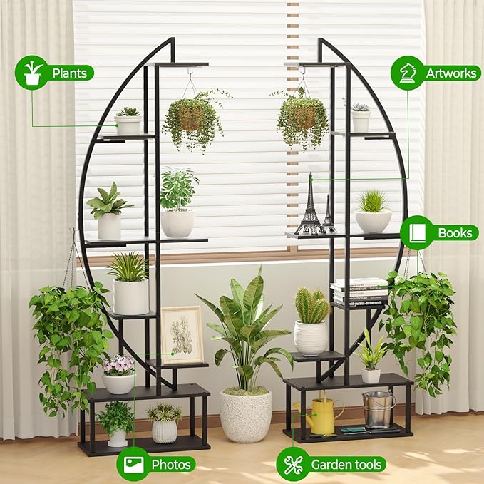Plant Stand Shelf Rack Indoor with 6 Built in Grow Light, 7 Tiered 65" Tall Black Large Lighted Half Moon Curved Plant Stand for Indoor Growing, 2 Pack Arch Sturdy High Herb Flower Shelving