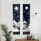 AOHMPT Pack of 2 Long Vertical Tapestry,Nature Landscape Tapestry with Serene Mountain River, Moon & Sun Motifs,Traditional Ink Painting Wall Art,Zen Aesthetic Wall Hanging for Living Room Bedroom Decor 13" W x 51" H"