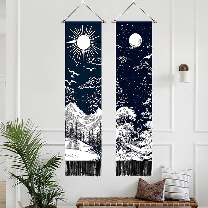 AOHMPT Pack of 2 Long Vertical Tapestry,Nature Landscape Tapestry with Serene Mountain River, Moon & Sun Motifs,Traditional Ink Painting Wall Art,Zen Aesthetic Wall Hanging for Living Room Bedroom Decor 13" W x 51" H"