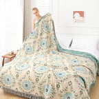 Snycler Boho Throw Blanket for Bed - 100% Cotton Ultra Soft Rustic Quilt - Blue Boho Floral Printed Farmhouse Decor Bed Blankets, 91"×98" All Season Rustic Throw for Sofa Couch Chair