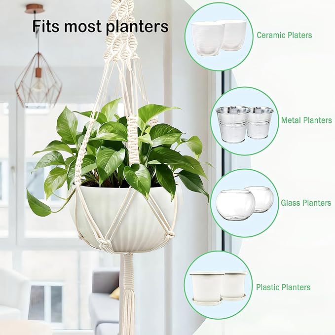 Macrame Plant Hanger, Hanging Planter Basket with Decorative Tassels, Decorative Flower Pot Holder for Indoor Outdoor Boho Home Decor, Set of 2 (Wooden Hanging Ring)