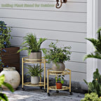 2 Tier Rolling Plant Stand with Wheels, Mid Century Modern Metal Stand for Planters, 2 Sizes 9 Inch & 11 Inch, Indoor Outdoor Movable Flower Pot Holder for Decor Home Garden Patio Load Bearing 165 LB 2 Pack Gold