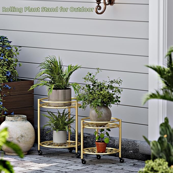 2 Tier Rolling Plant Stand with Wheels, Mid Century Modern Metal Stand for Planters, 2 Sizes 9 Inch & 11 Inch, Indoor Outdoor Movable Flower Pot Holder for Decor Home Garden Patio Load Bearing 165 LB 2 Pack Gold