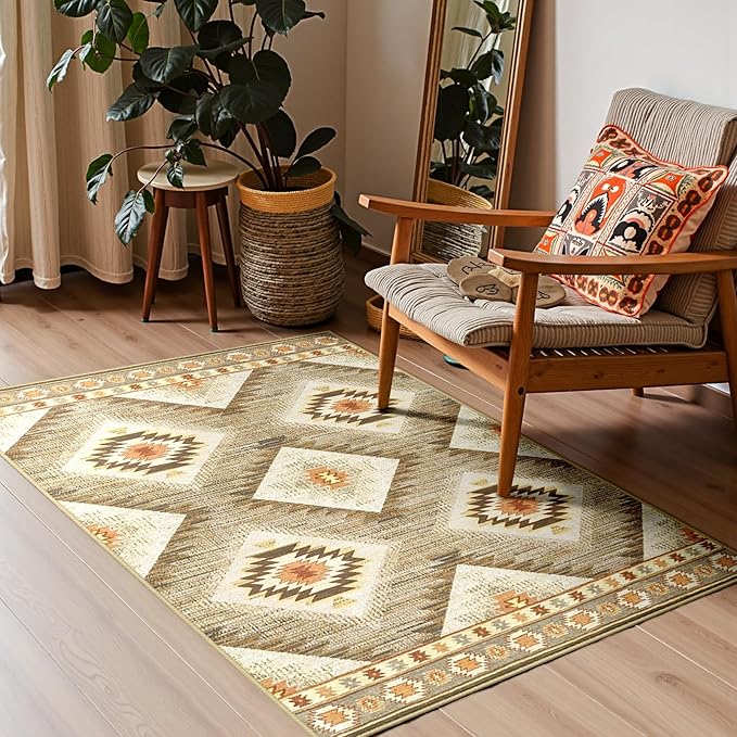 Area Rug 2x4 Rug Machine Washable Non-Slip Low Pile Print Pattern Western Rug for Living Room Bedroom Entryway Tribal Series-Cream/Camel