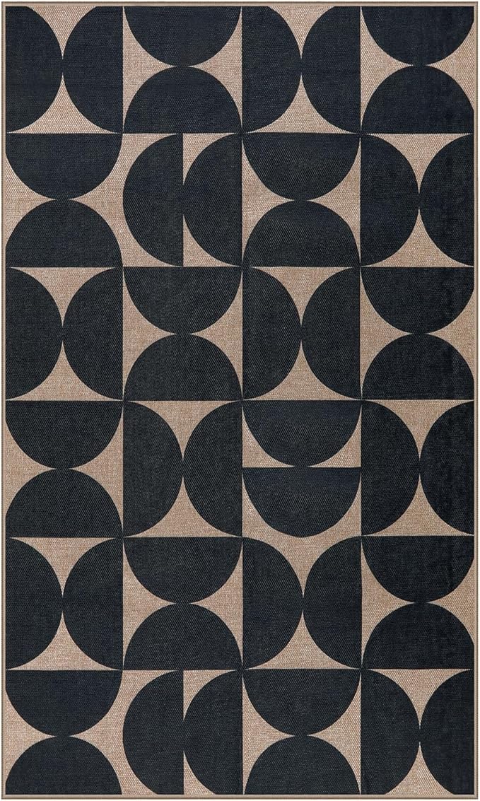 Lahome Modern Geometric Easy Jute Entryway Rug 3x5, Indoor Outdoor Washable Rug for Living Room, Neutral Semi-Circle Black Carpet for Dining Room Patio Front Door