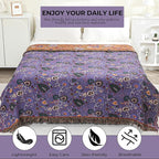Boho Fall Throw Blanket for Bed Purple Flowers，100% Ultra Cotton Soft Breathable Bed Throw Floral Printed Farmhouse Decor Rustic Bed Throws for Couch Sofa Quilt 90" x 98"