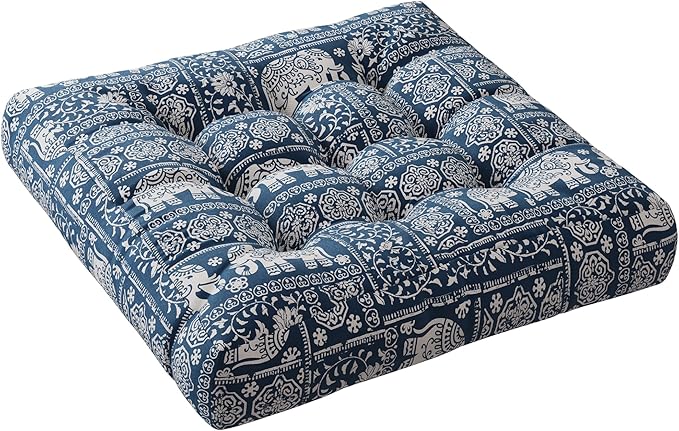 Codi Meditation Floor Pillow, Square Pillows Seating for Adults and Kids, Boho Cushion for Yoga Living Room Tatami Sitting, Memory Foam Added, 22x22 Inch, Indigo Elephant