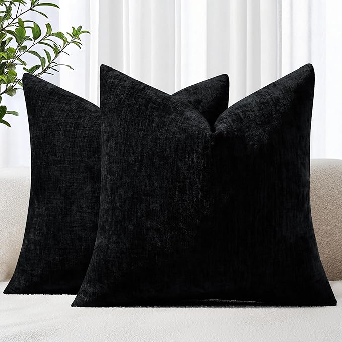 decorUhome Chenille Black Spring Throw Pillow Covers 16x16 Inch Set of 2, Decorative Soft Couch Pillow Covers Solid Dyed Accent Farmhouse Neutral Square Pillow Cases for Sofa