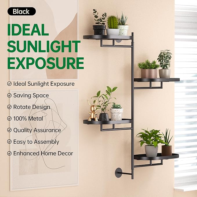 Rotating Window Shelves for Multiple Plants Indoor,4-tier Metal Corner Black Plant Stand Holder Floating Hanger Shelf for Wall，Windows Sill Gifts for Planter Lover to Enhance Home Decor