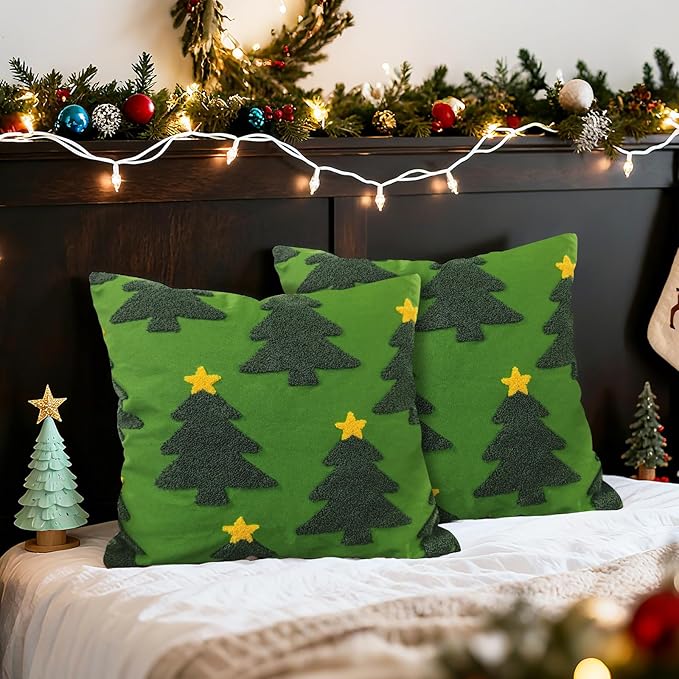 Green Christmas Tree Embroidery Decorative Throw Pillow Covers 18 x 18 Set of 2, Xmas Pine Trees Tufted Porch Outdoor Home Decor, Winter Holiday Plush Faux Fur Jacquard Sofa Couch Cushion Case