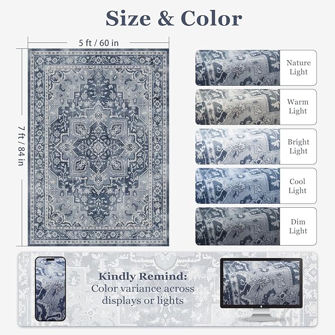 Blue Gray 5x7 Area Rugs for Living Room, Transitional Distressed Washable Non Slip Bedroom Rug, Modern Vintage Medallion Low Pile Thin Carpet Rugs for Den/Dining Room/Kitchen/Home Office