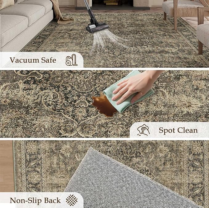 9x12 Brown Area Rug Vintage Living Room Bedroom Washable Carpet Non-Slip Soft Medium Pile Distressed Indoor Large Throw Rug for Dining Room Office
