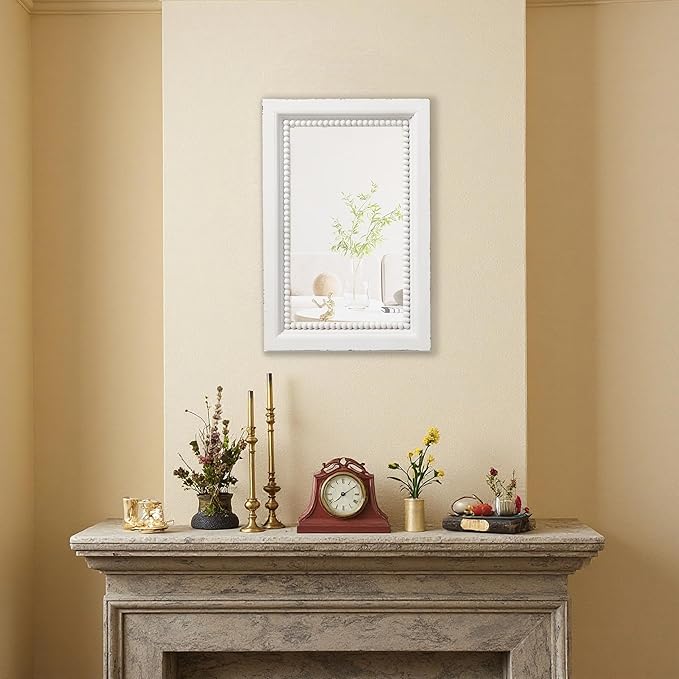 Boho White Mirrors for Wall Decor 24 x 16 Inches, Hanging Distressed Finish Wooden Frame Rectangular Rustic Mirror with Beaded Detailing for Bathroom Living Room Bedroom Entryway