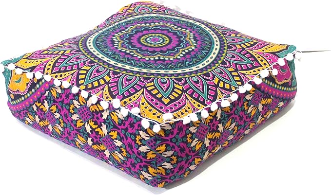 CRAFT KALA Large Hippie Mandala Meditation Floor Ottoman Pillow Cushion Pouf Cover Square Poufs Bohemian Circle Floor Cushion Case Outdoor Fireplace Yoga Living Room Decor Cover New Pink, 18" Square